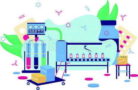 医学研究.工厂制造.用于网页设计的制药实验室 2d 卡通场景.